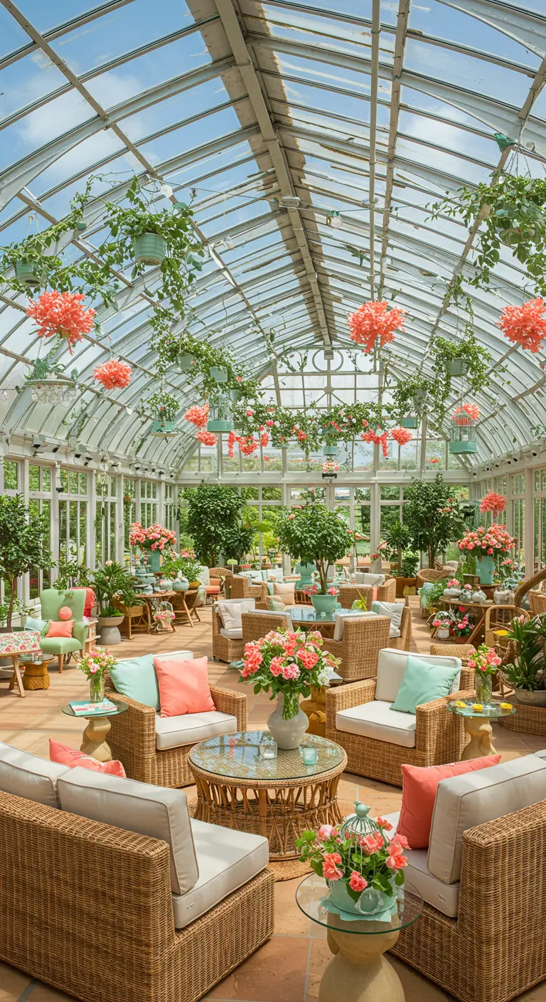 Grand jardin d'hiver avec mobilier en rotin, coussins corail et menthe, plantes vertes et fleurs colorées.