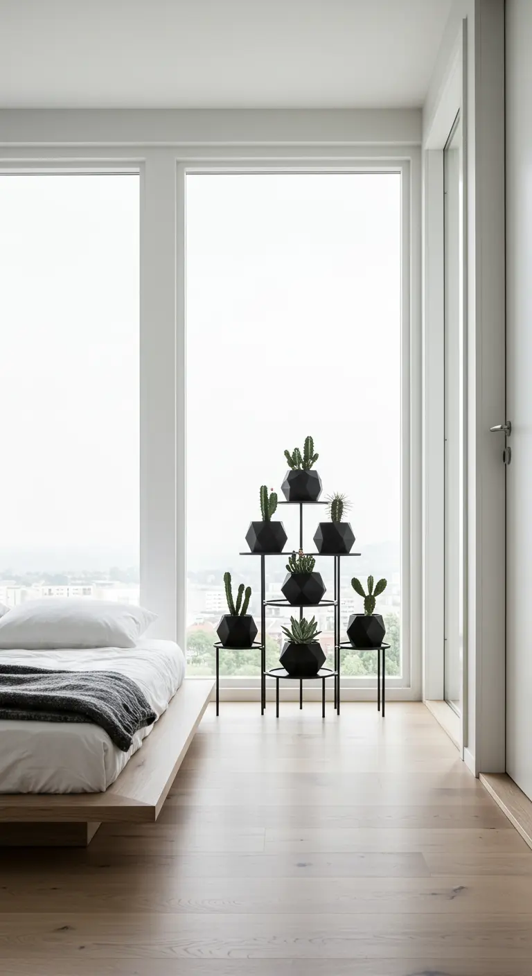 Cactus dans des pots noirs géométriques sur un support métallique multi-niveaux près d'une fenêtre.