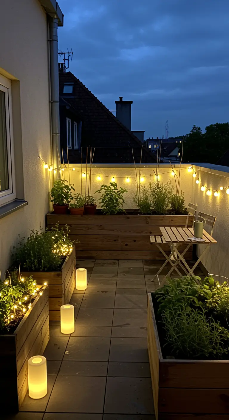 Balcon d'appartement avec jardinières en bois, éclairées par des guirlandes et petites lampes.