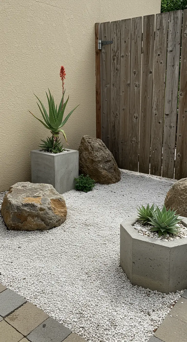 Jardin minimaliste avec grandes roches, pots en béton géométriques, plantes grasses et gravier blanc.
