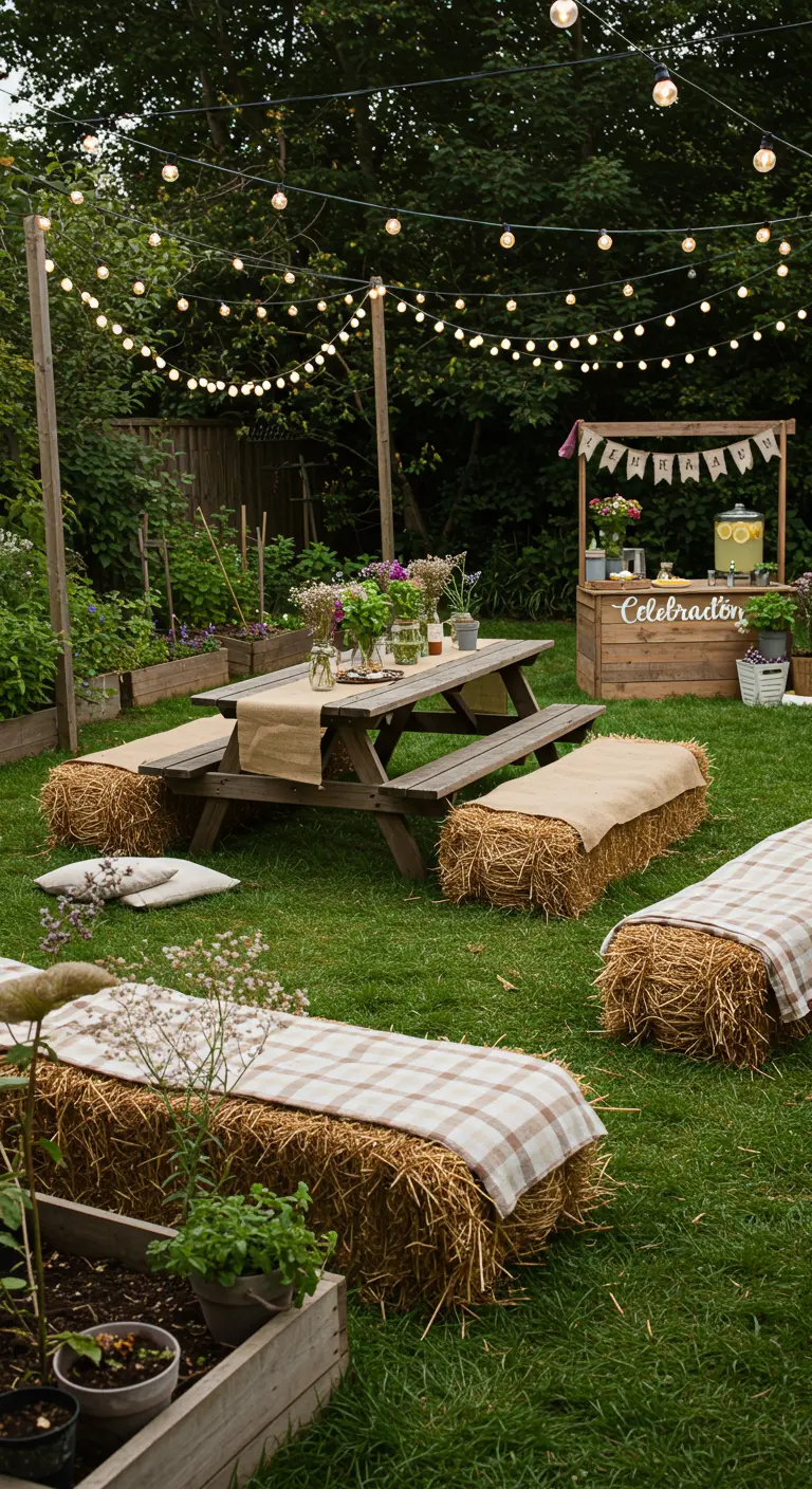 Jardin avec table de pique-nique, bottes de paille recouvertes, plaids, stand de limonade et guirlandes lumineuses.