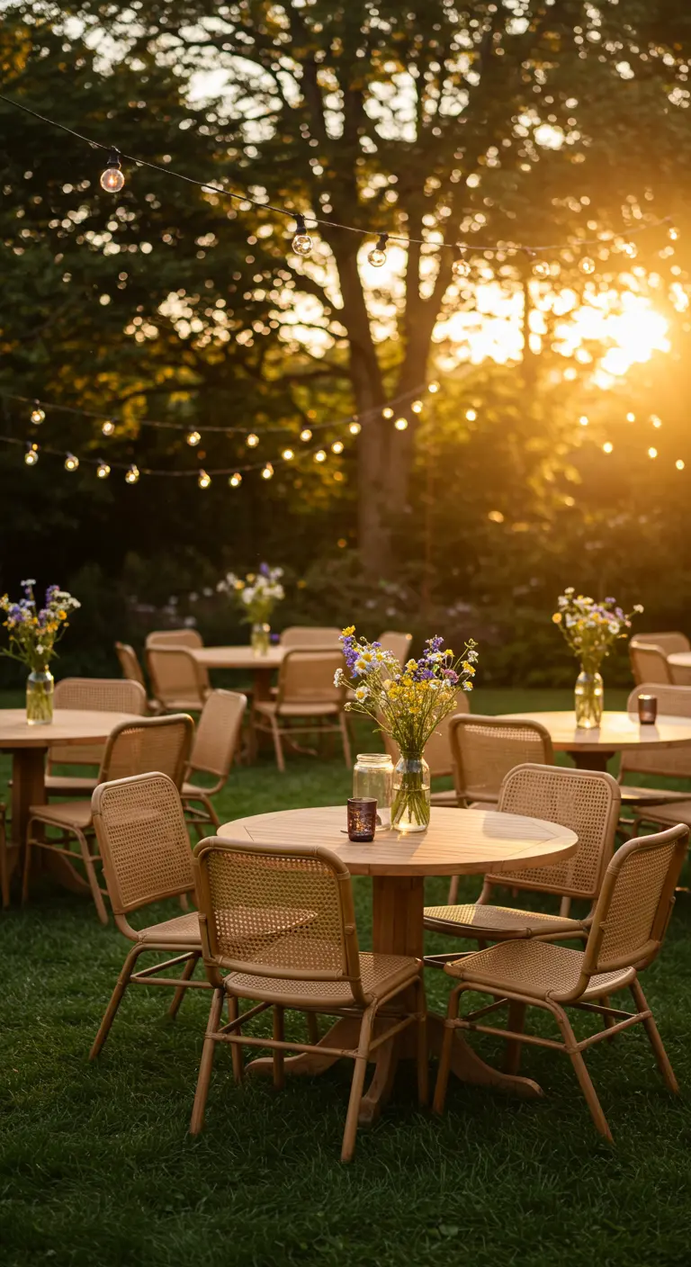 Multiples tables rondes en bois, chaises tressées, guirlandes lumineuses et bouquets dans un jardin.