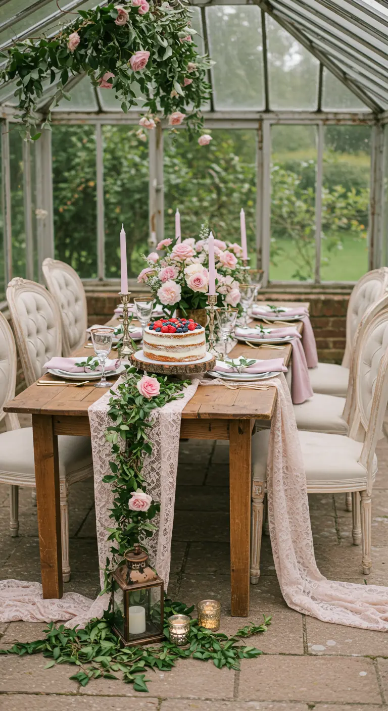 Table de fête romantique rose et verte avec chemin de table en dentelle, guirlande florale et gâteau aux fruits.