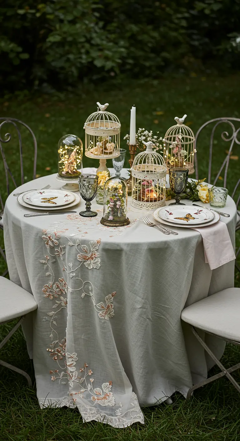 Table de jardin avec nappe brodée, cages à oiseaux décoratives et cloches lumineuses.
