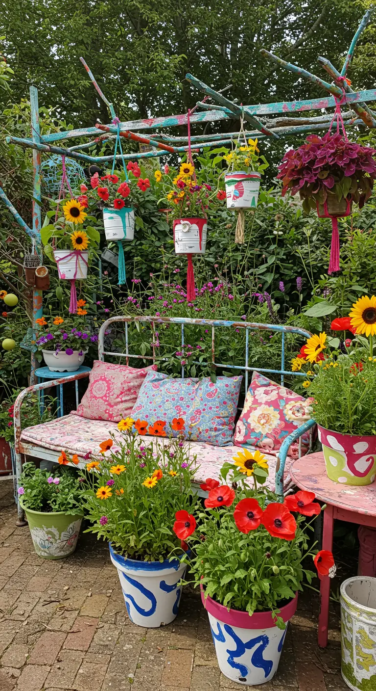 Jardin coloré avec banquette en lit ancien, pots peints et fleurs variées.