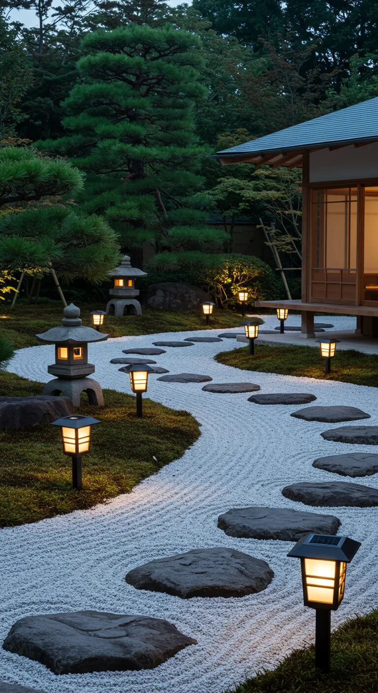 Jardin zen avec chemin de gravier, pas japonais et bornes solaires inspirées des lanternes de pierre.