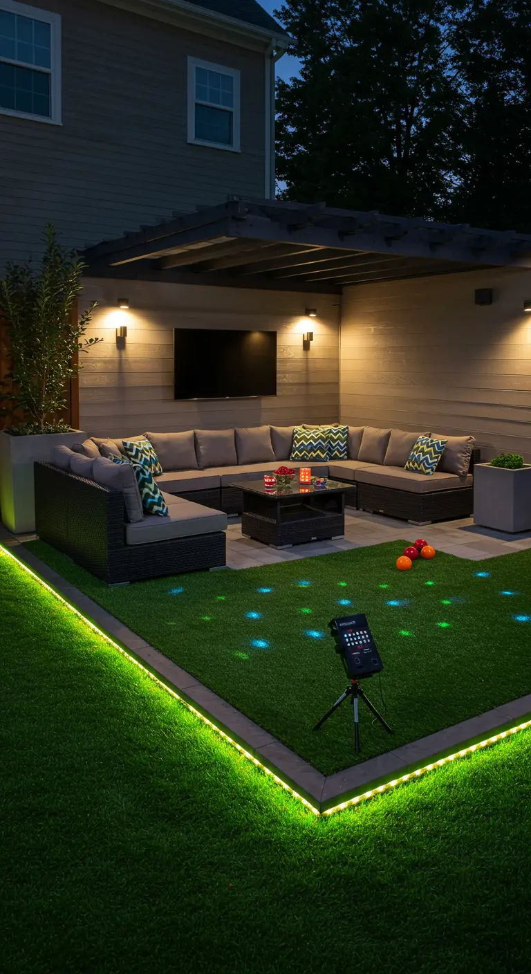 Jardin avec gazon artificiel, spots LED colorés encastrés et bande LED périmétrique.