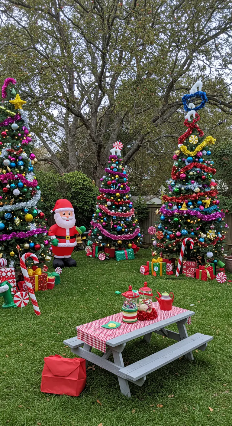 Jardin multicolore de Noël avec sapins décorés, Père Noël gonflable et table de pique-nique.
