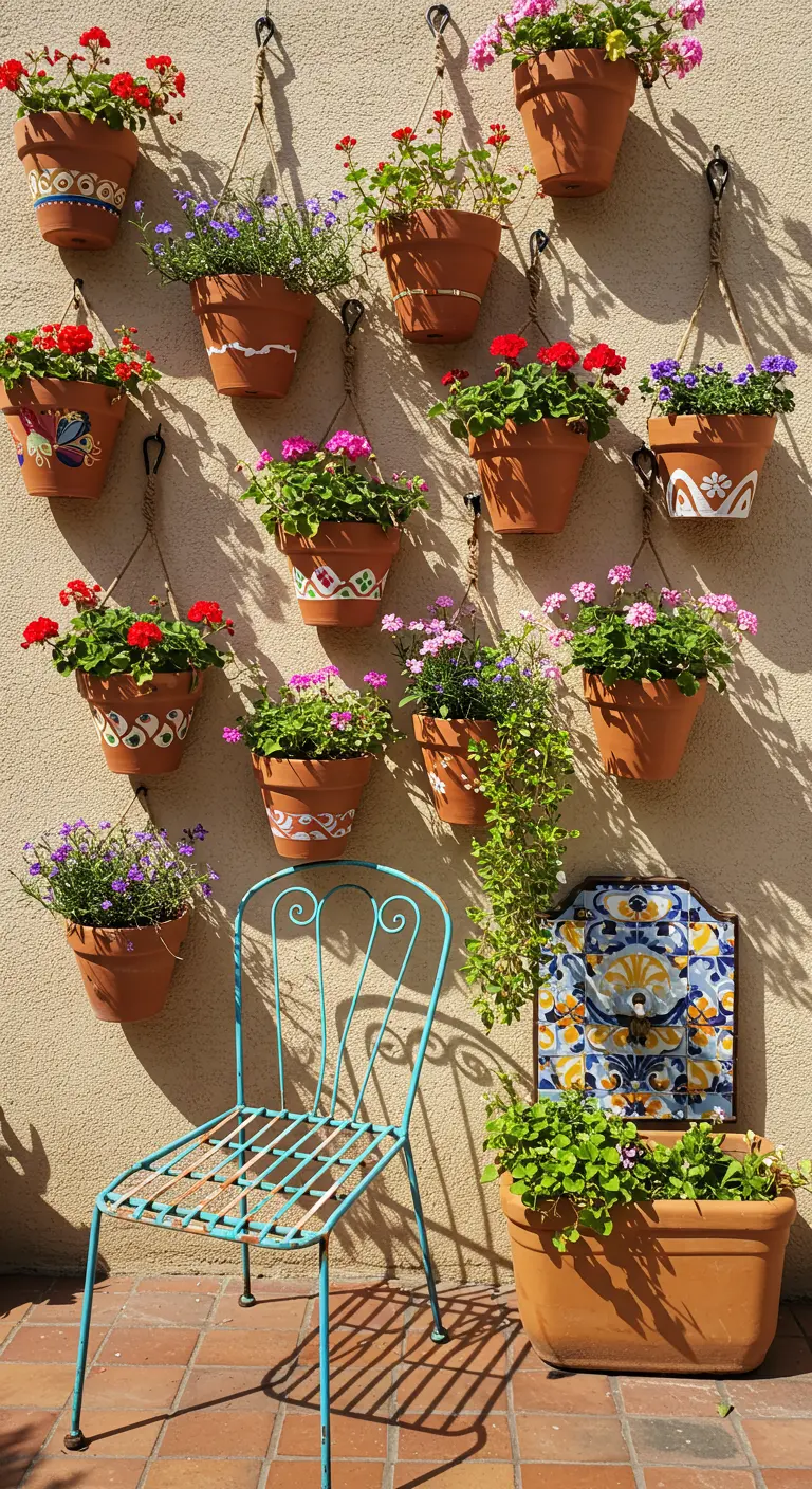 Mur extérieur ensoleillé avec de nombreux pots en terre cuite peints, fleuris, et une chaise turquoise en fer forgé.