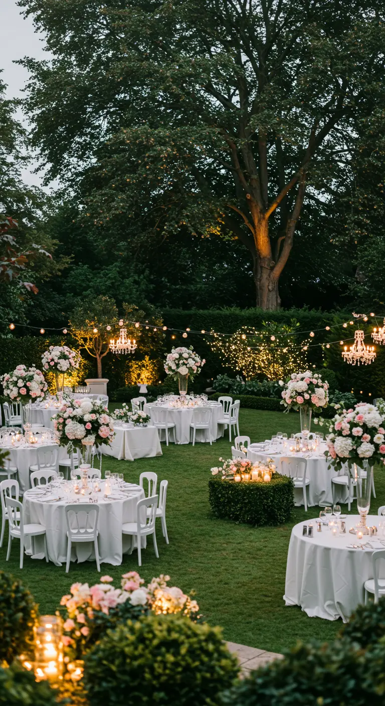 Réception de mariage élégante dans un jardin avec des tables rondes blanches, des centres de table floraux, des chandeliers et des guirlandes lumineuses.