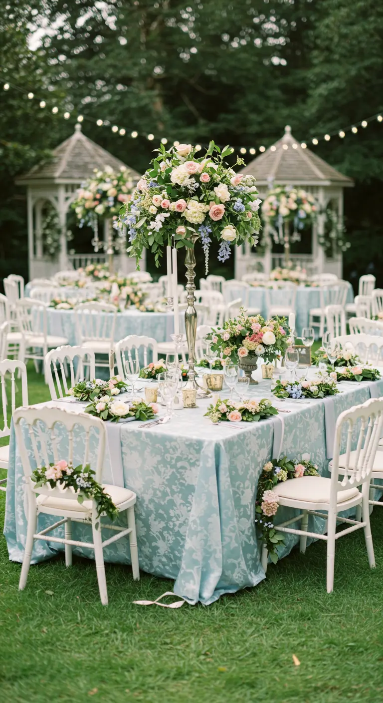 Tables de mariage dans un jardin avec couronnes de fleurs pastel et nappes bleu pâle.