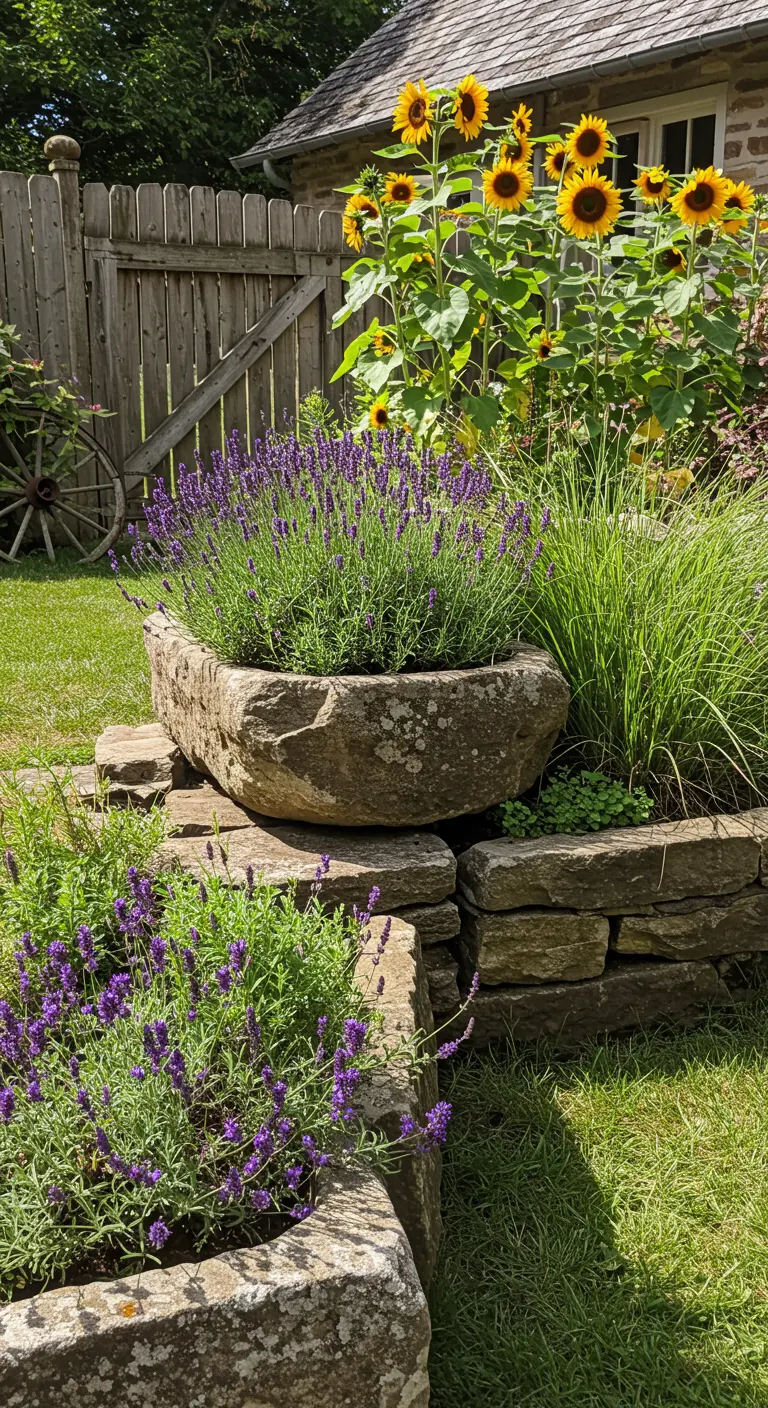 Jardinières en pierre rustique avec lavande et herbes, avec des tournesols en arrière-plan.