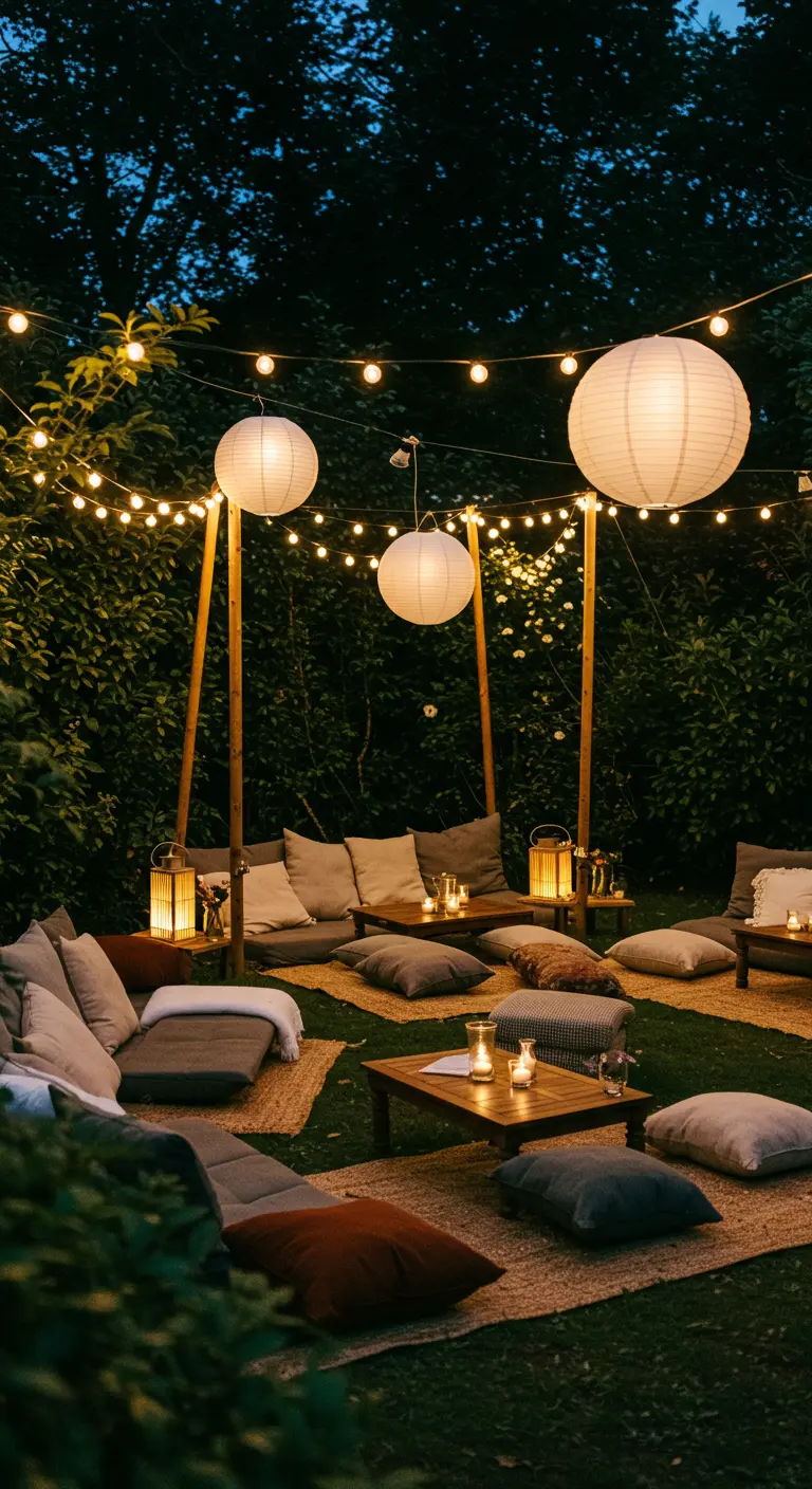 Salon de jardin cosy avec coussins, tapis, lampions et guirlandes lumineuses dans la verdure.