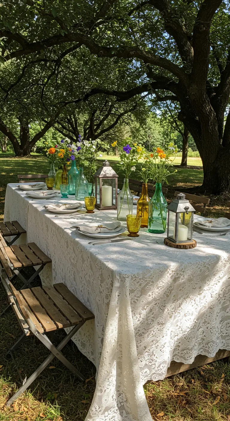 Longue table en extérieur sous les arbres avec nappe en dentelle, bouteilles colorées et lanternes.