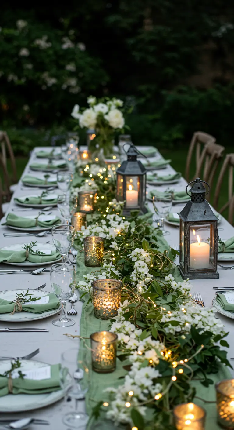 Longue table de jardin avec chemin de table vert, fleurs blanches, lanternes et guirlandes lumineuses.