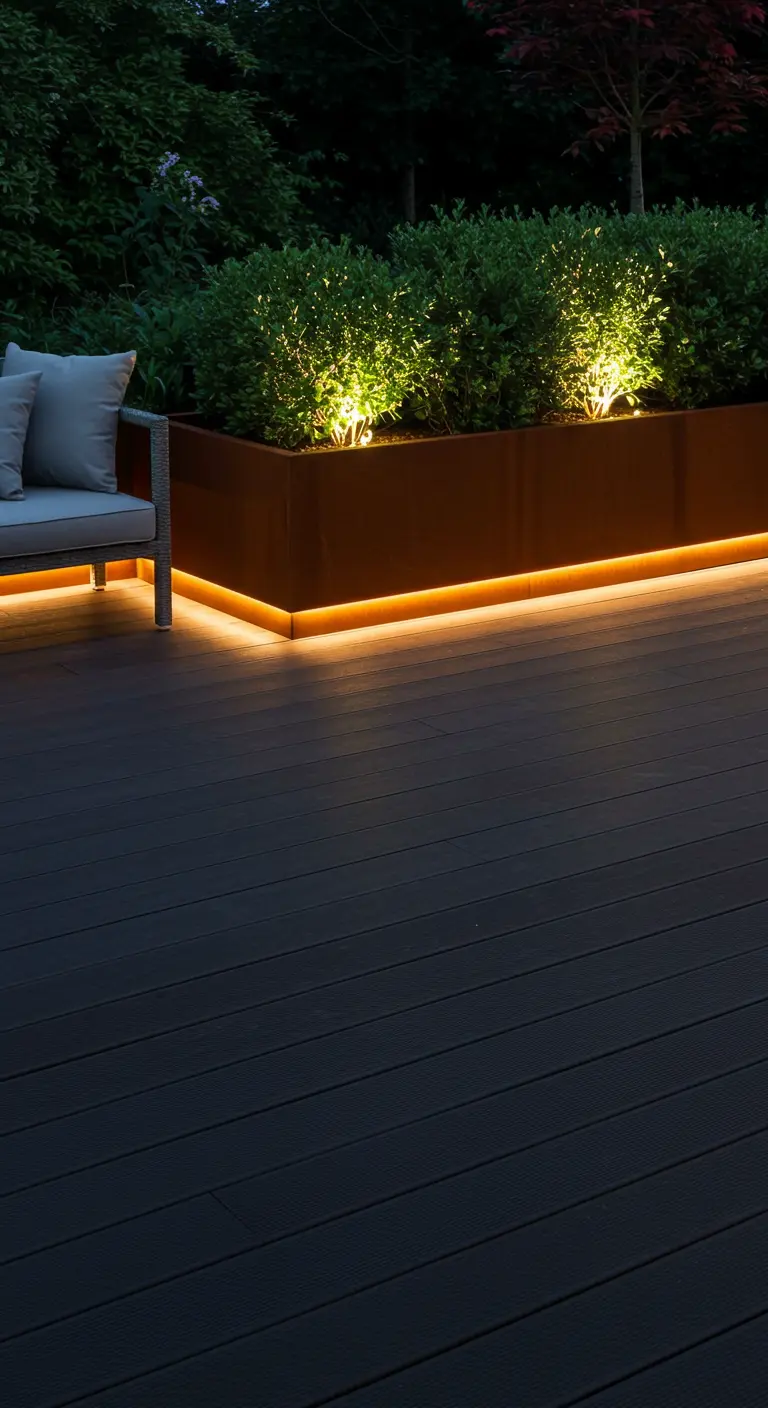 Terrasse en bois foncé avec une jardinière surélevée éclairée par des LED sous le bord.