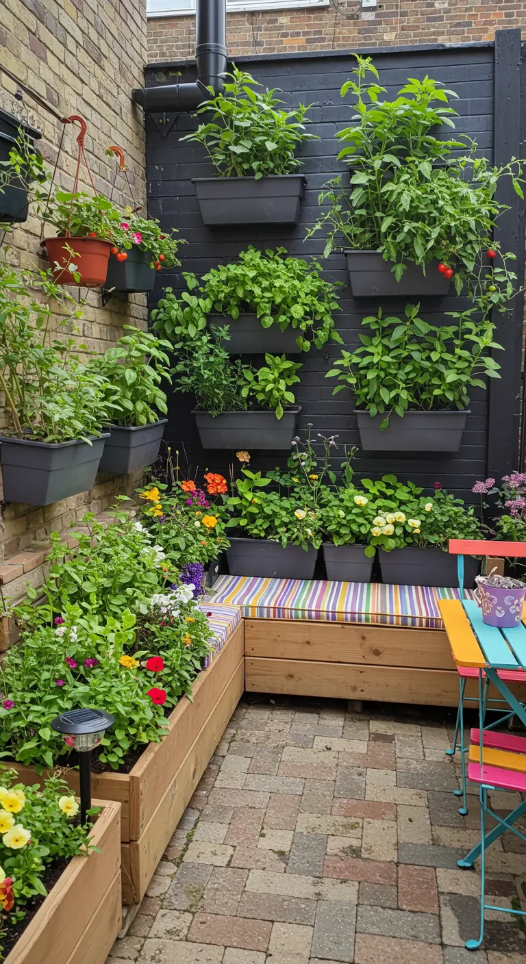 Patio jardin urbain avec mur noir, jardinières verticales colorées, banquette rayée et carrés potagers.