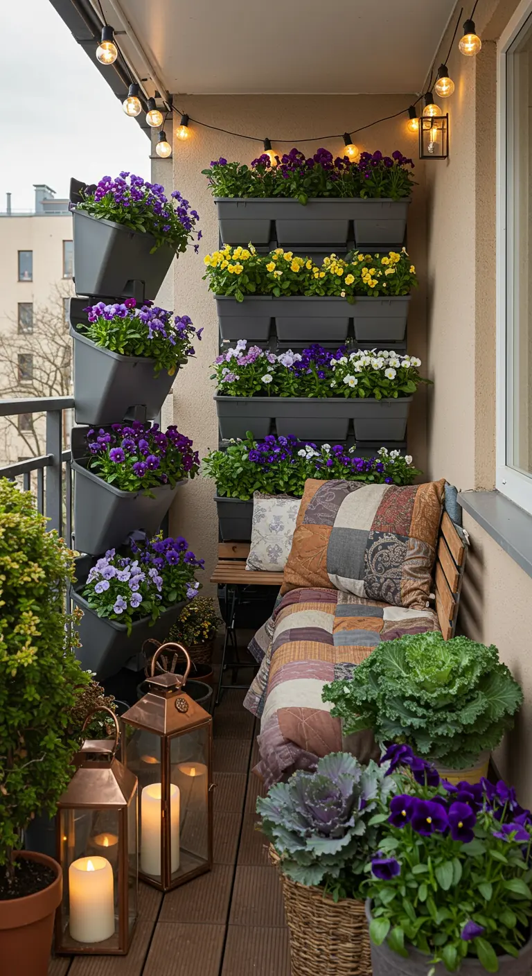 Balcon avec un mur végétal de pensées, des lanternes et un banc avec des coussins.