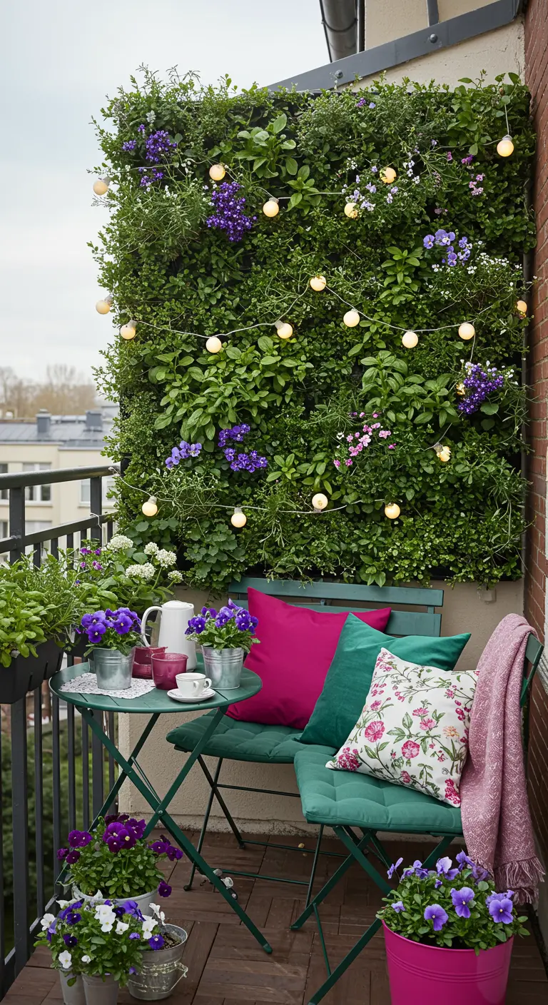 Balcon avec un jardin vertical luxuriant, guirlandes lumineuses intégrées, ensemble bistro vert et coussins colorés.