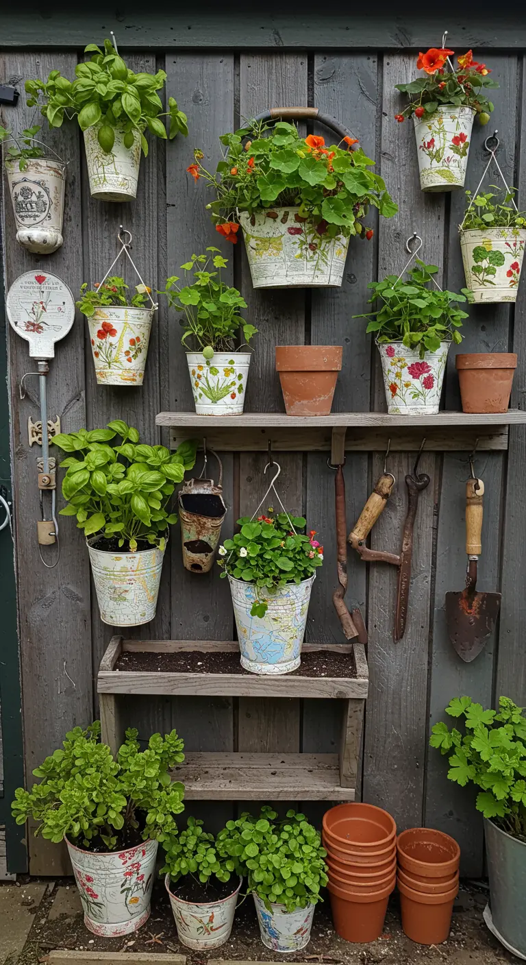 Mur de jardin en bois avec des pots suspendus peints de motifs vintage et des herbes aromatiques.