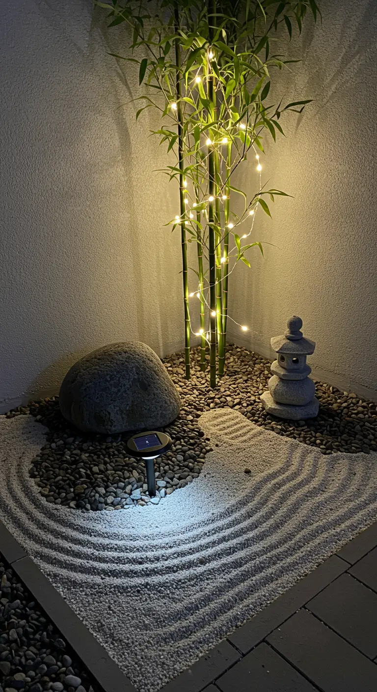 Jardin zen avec bambous éclairés par une guirlande LED, rocher, lanterne japonaise et balise solaire au sol.