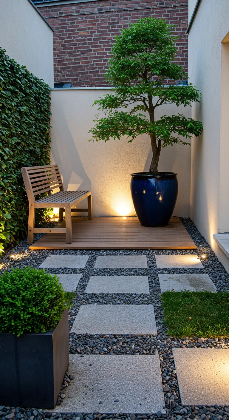 Jardin zen avec un arbre en pot bleu foncé, plateforme en bois et chemin de dalles sur gravier.