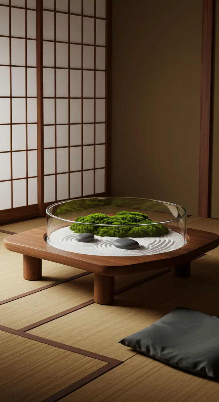 Grand jardin zen sur table basse en bois, avec sable ratissé, îlots de mousse verte et pierres noires.