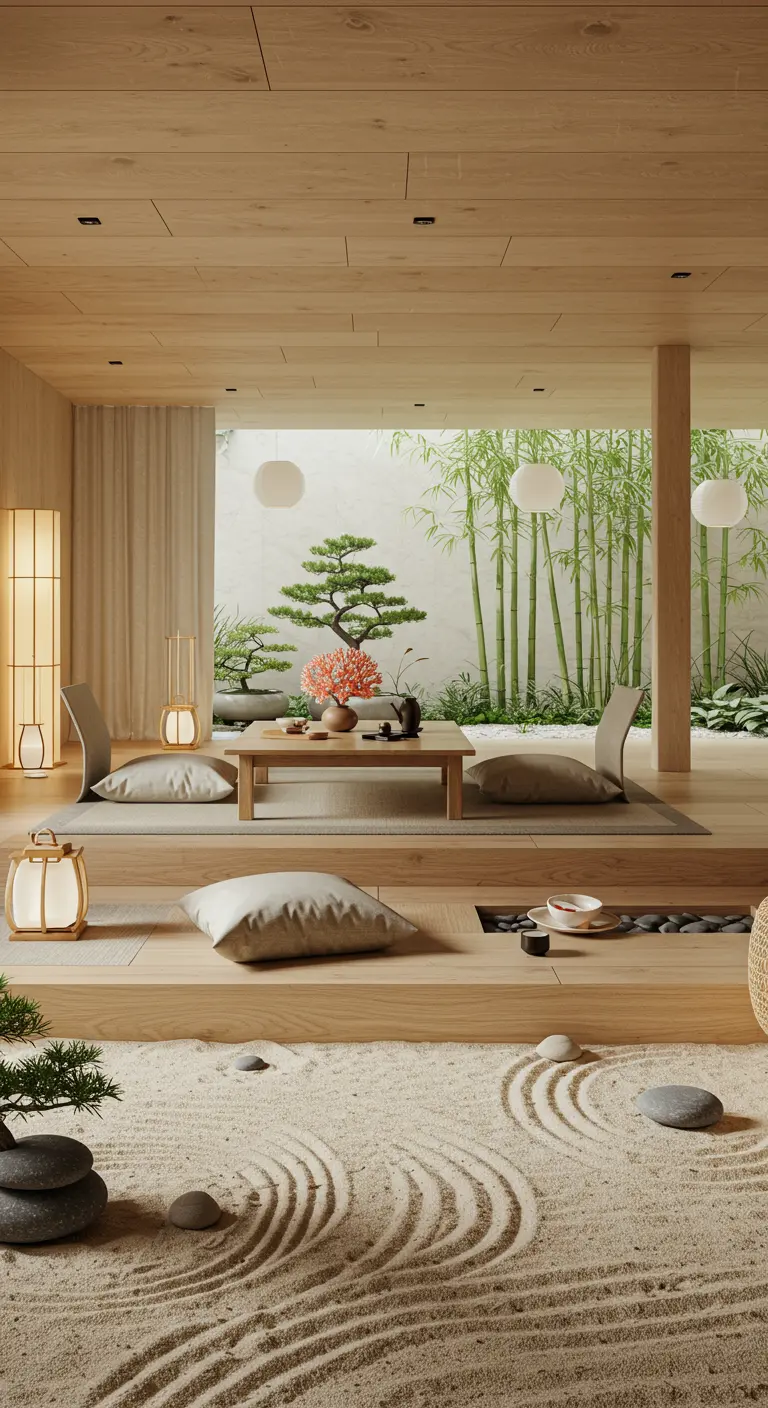 Intérieur zen avec jardin de sable ratissé, bonzaï, corail décoratif, et assises basses minimalistes.