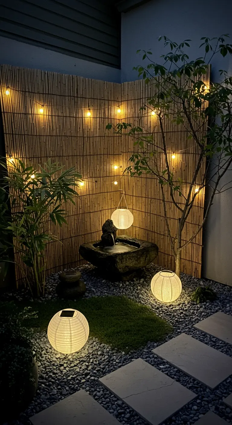 Coin de jardin zen avec mur en bambou, fontaine, guirlandes et globes lumineux solaires.