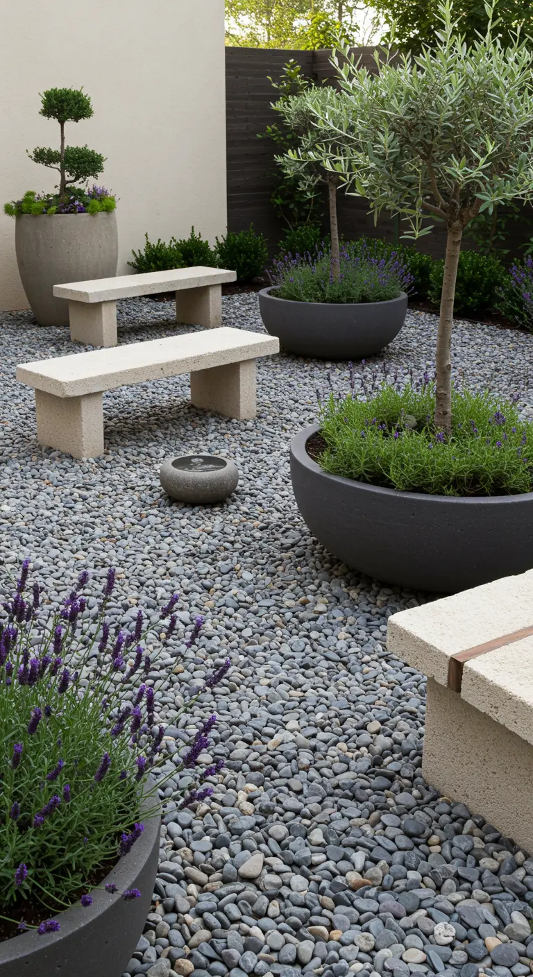 Jardin méditerranéen minimaliste avec gravier, bancs en pierre, olivier et lavande.