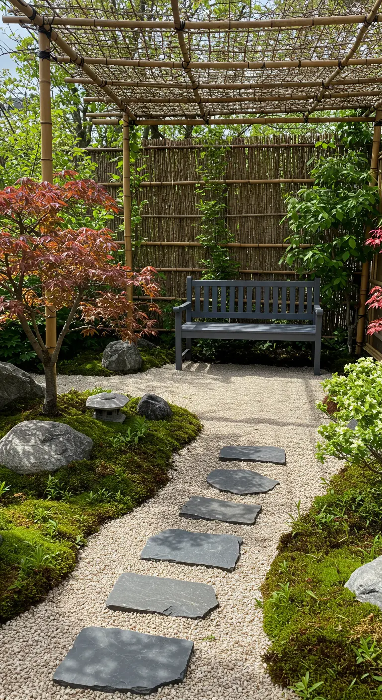 Jardin japonais avec clôture en bambou, banc gris, chemin de gravier et dalles, érable et mousse.