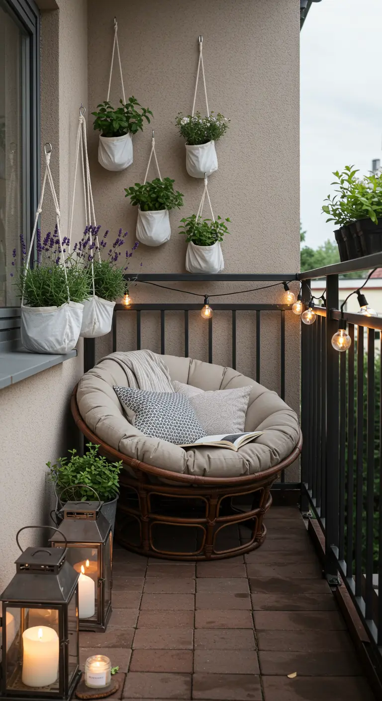 Balcon confortable avec jardinières en tissu blanc suspendues et fauteuil en rotin