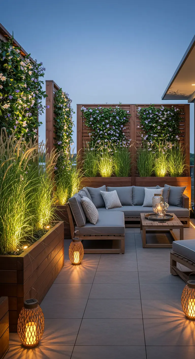 Grande terrasse avec jardinières hautes en bois, treillis fleuris et éclairage intégré