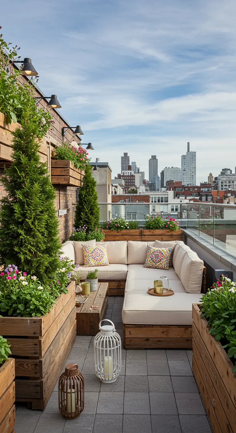 Terrasse urbaine avec jardinières en bois intégrées et mobilier de jardin moderne