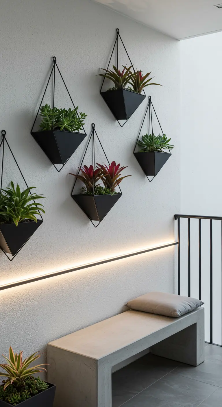 Mur blanc avec jardinières murales géométriques noires et une bande lumineuse LED
