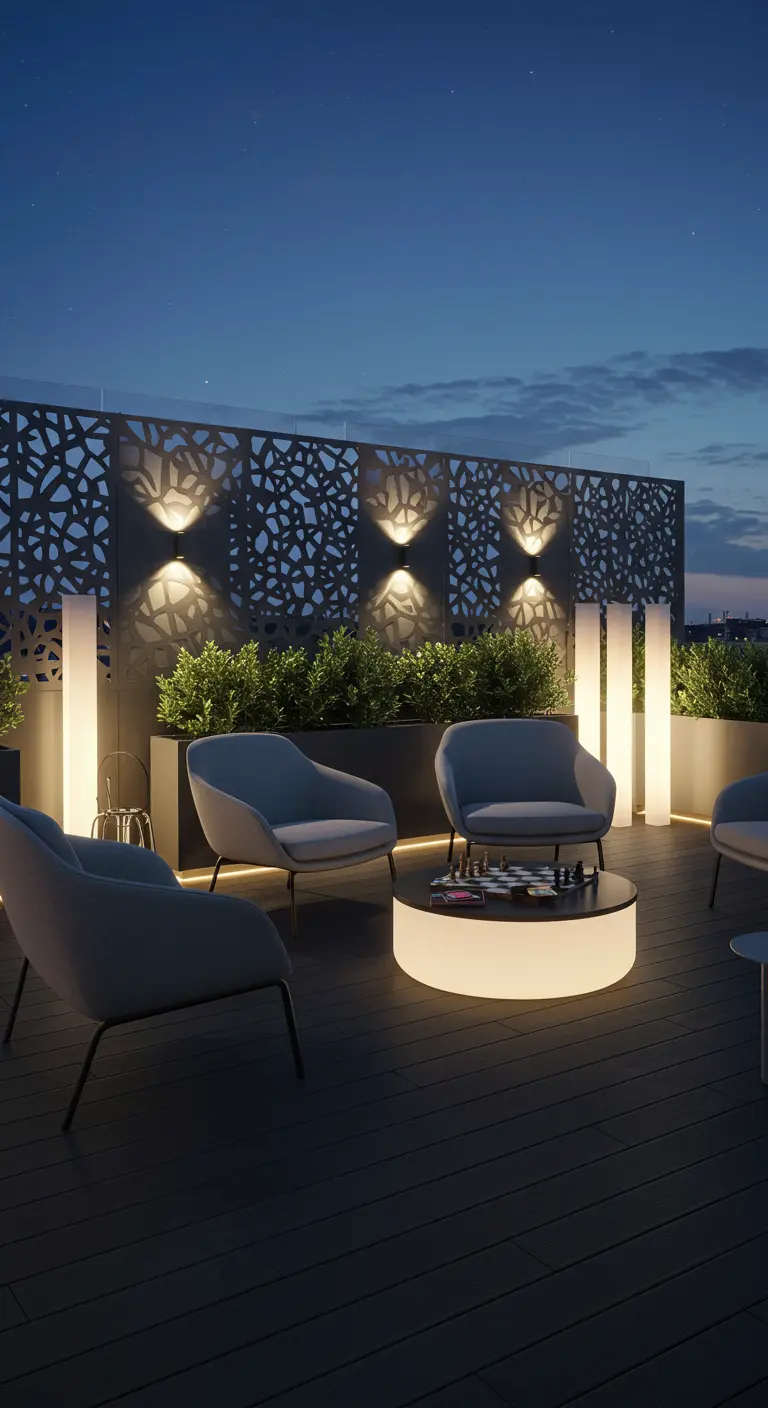 Toit-terrasse moderne avec panneau décoratif éclairé, piliers lumineux et table de jeu illuminée.