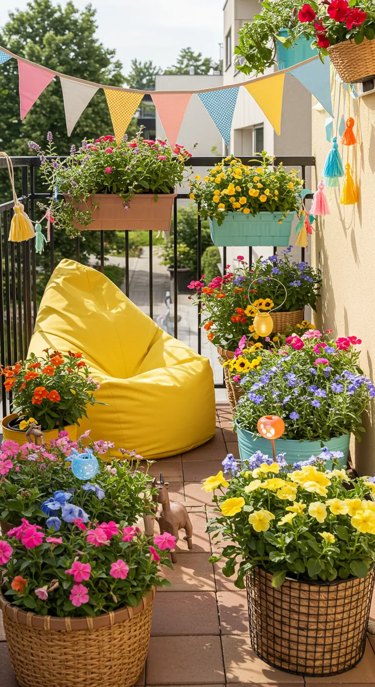 Balcon ludique avec pouf jaune, guirlandes colorées et fleurs variées.