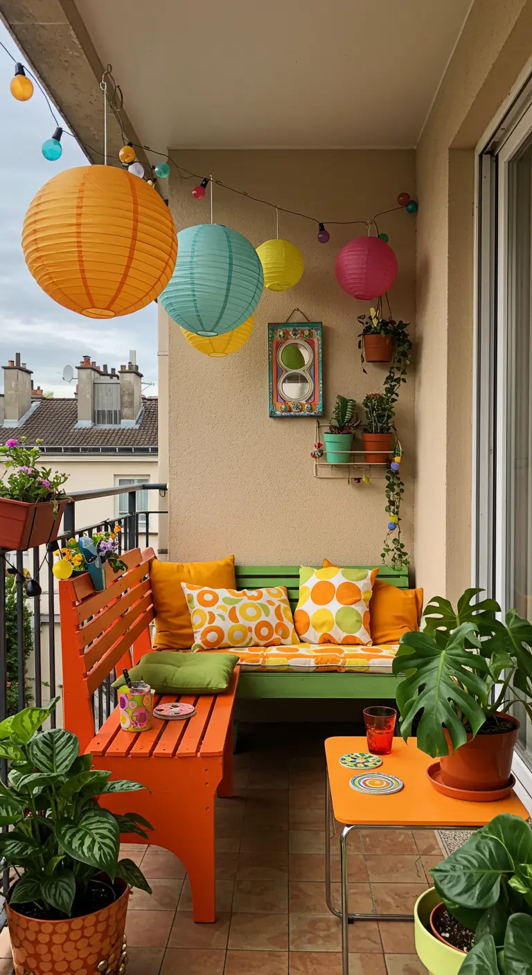 Balcon pop et coloré avec banquettes vives, lampions multicolores et plantes vertes.
