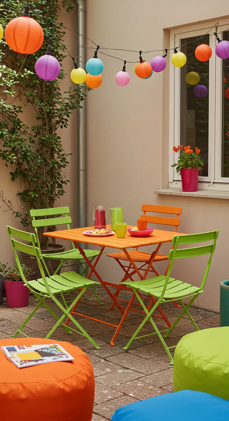 Patio coloré avec table pliante orange, chaises vertes, lampions multicolores et poufs.