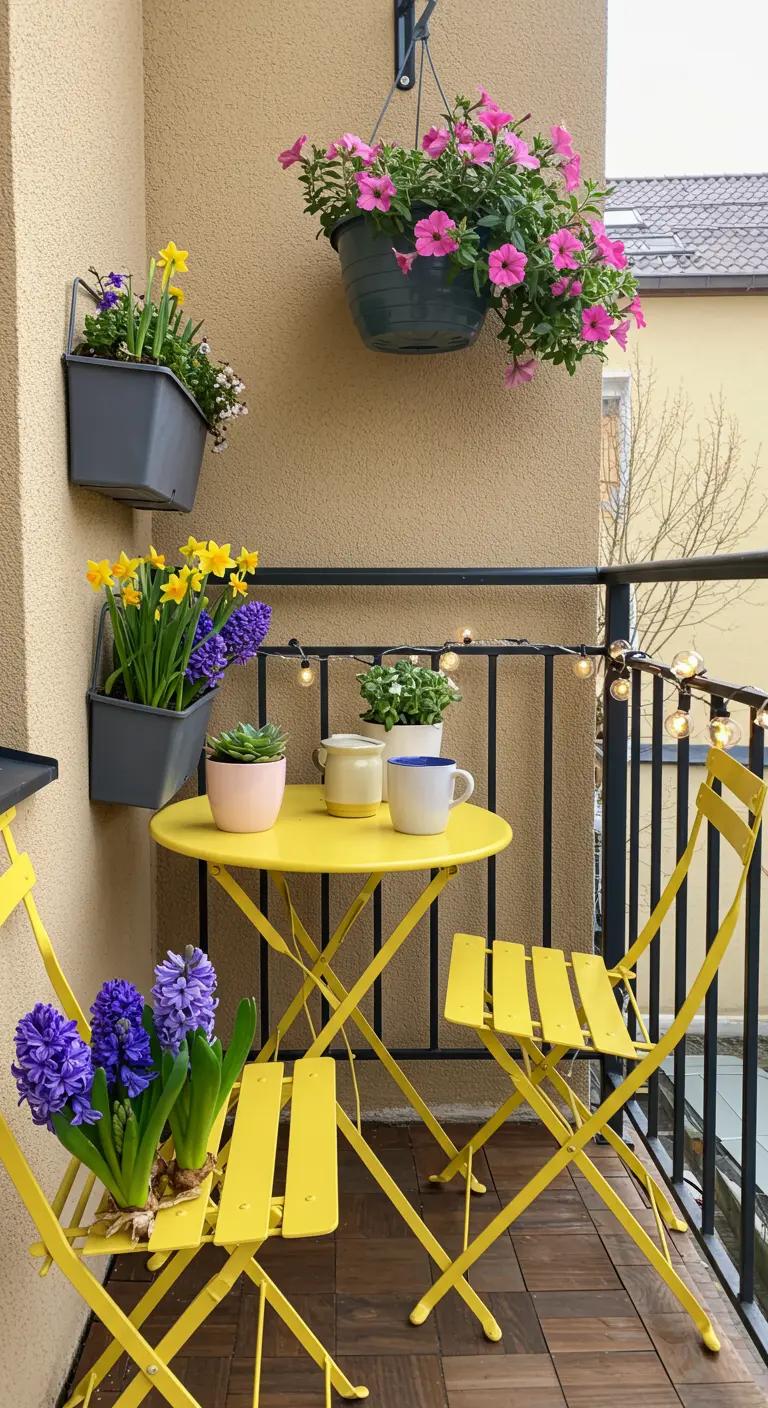 Petit balcon avec un ensemble bistro jaune, jardinières murales de narcisses et jacinthes, suspension rose.