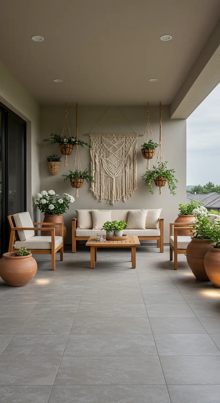 Grande terrasse bohème avec salon en bois clair, pots en terre cuite et macramé mural.