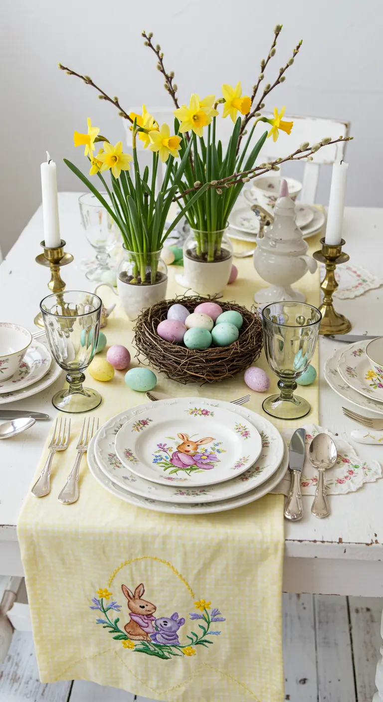 Table de Pâques avec chemin de table jaune brodé, narcisses, œufs colorés et assiettes à lapins.