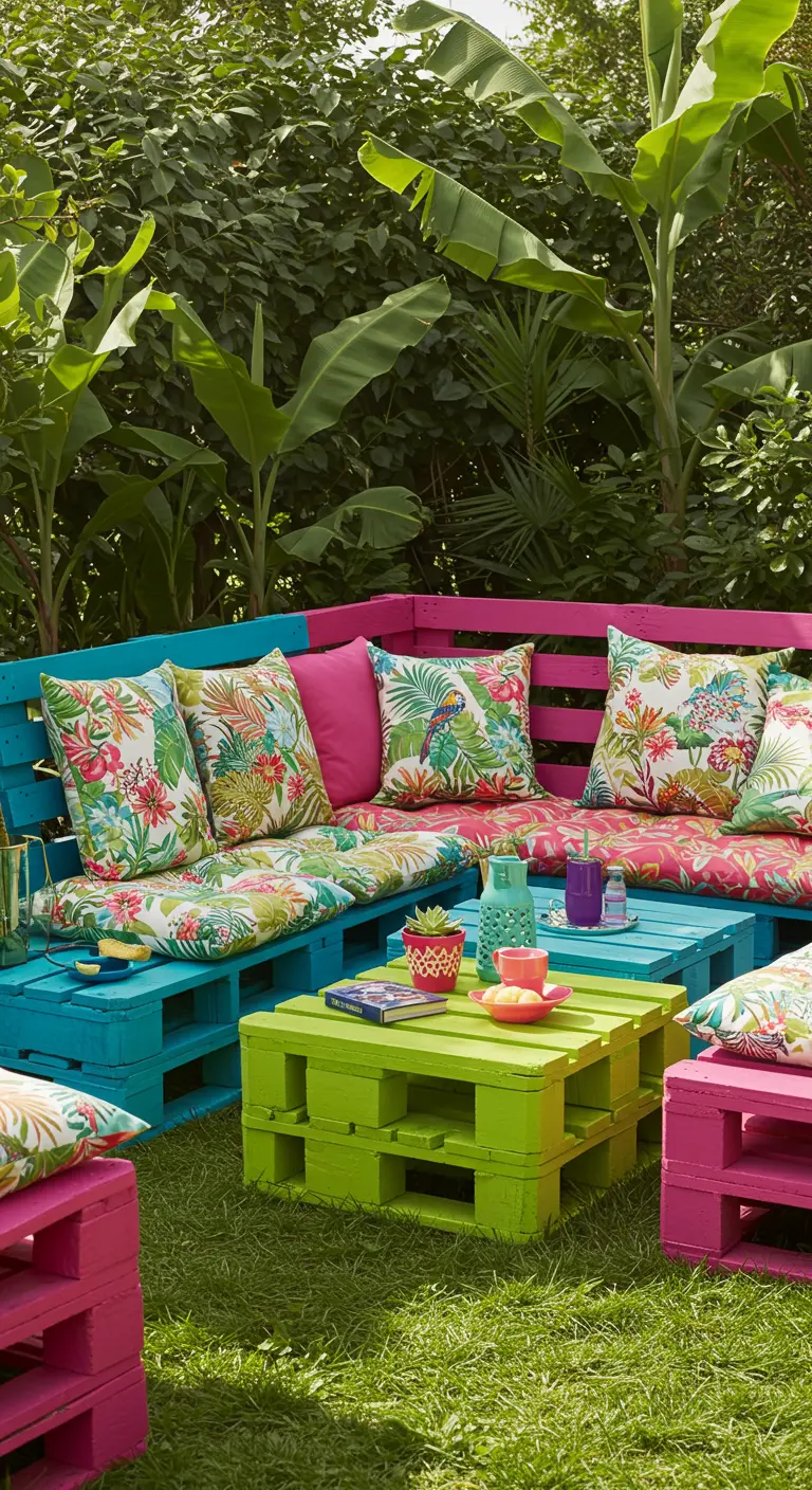 Salon de jardin en palettes roses, bleues et vertes, avec coussins tropicaux et plantes luxuriantes.