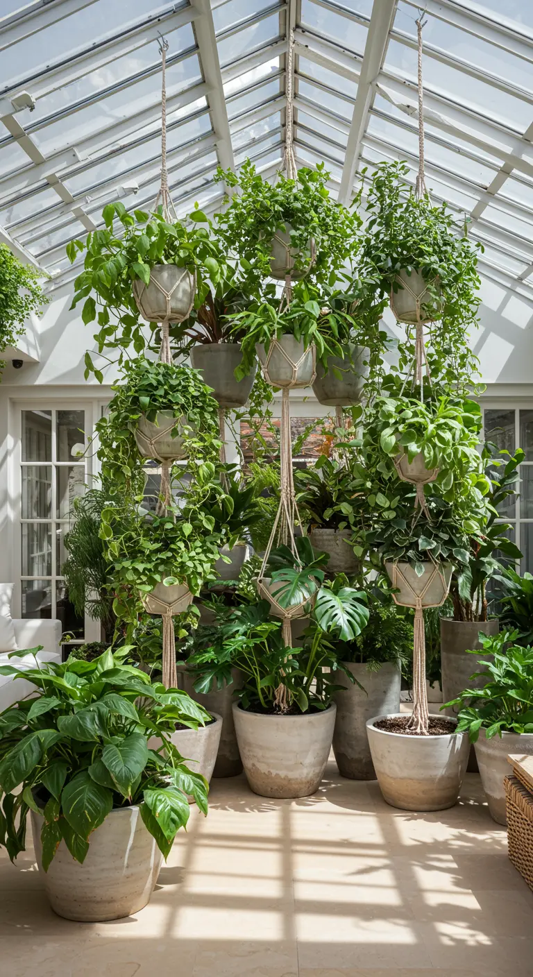 Grande pièce lumineuse avec de nombreux pots en béton et macramé, remplis de plantes vertes luxuriantes.