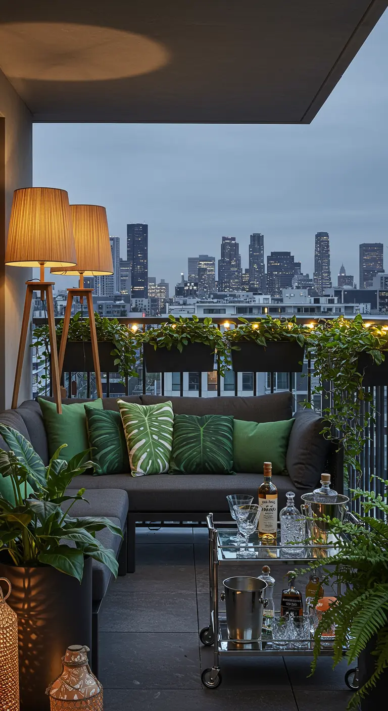 Grand balcon urbain avec canapé, plantes, coussins monstera, lampadaires et chariot bar.