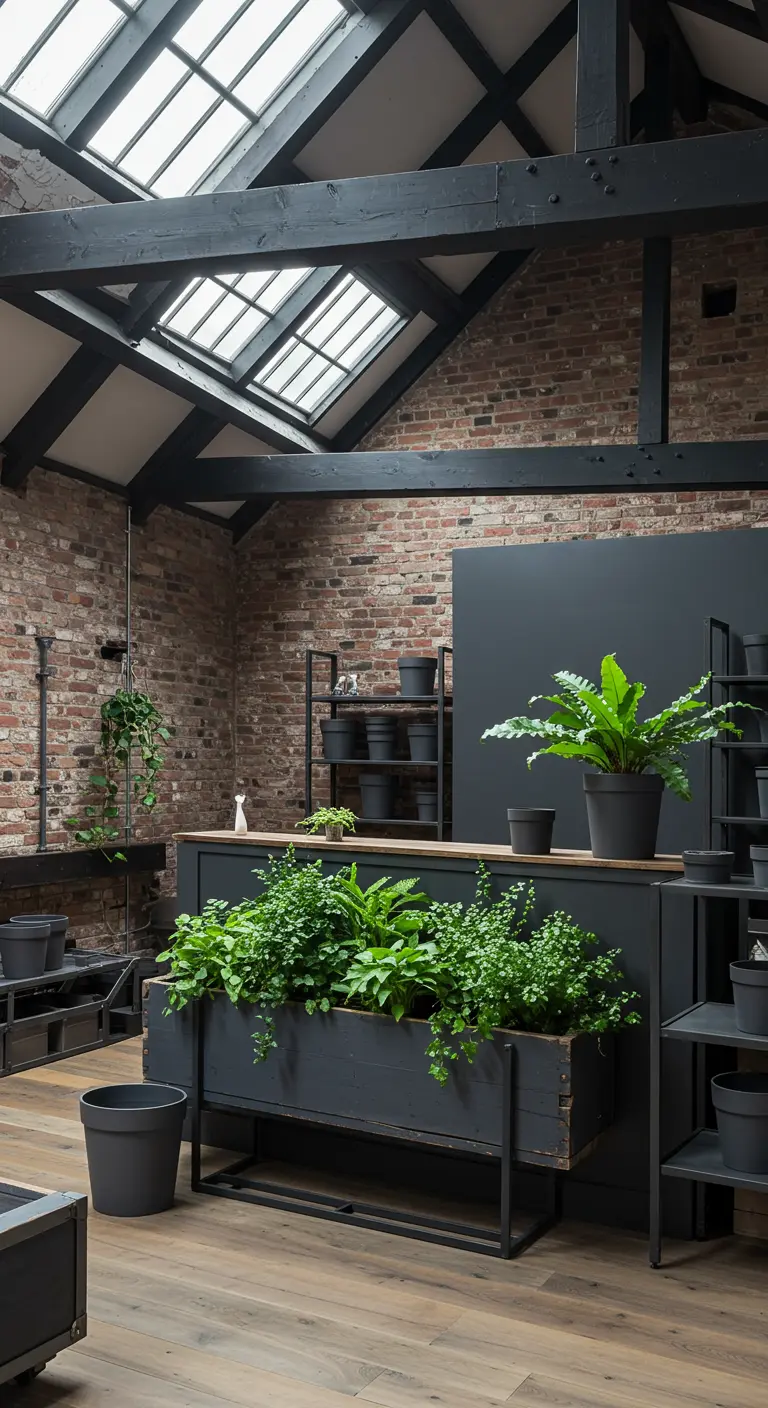 Grandes plantes vertes dans des pots et jardinières noirs dans un espace industriel avec briques.