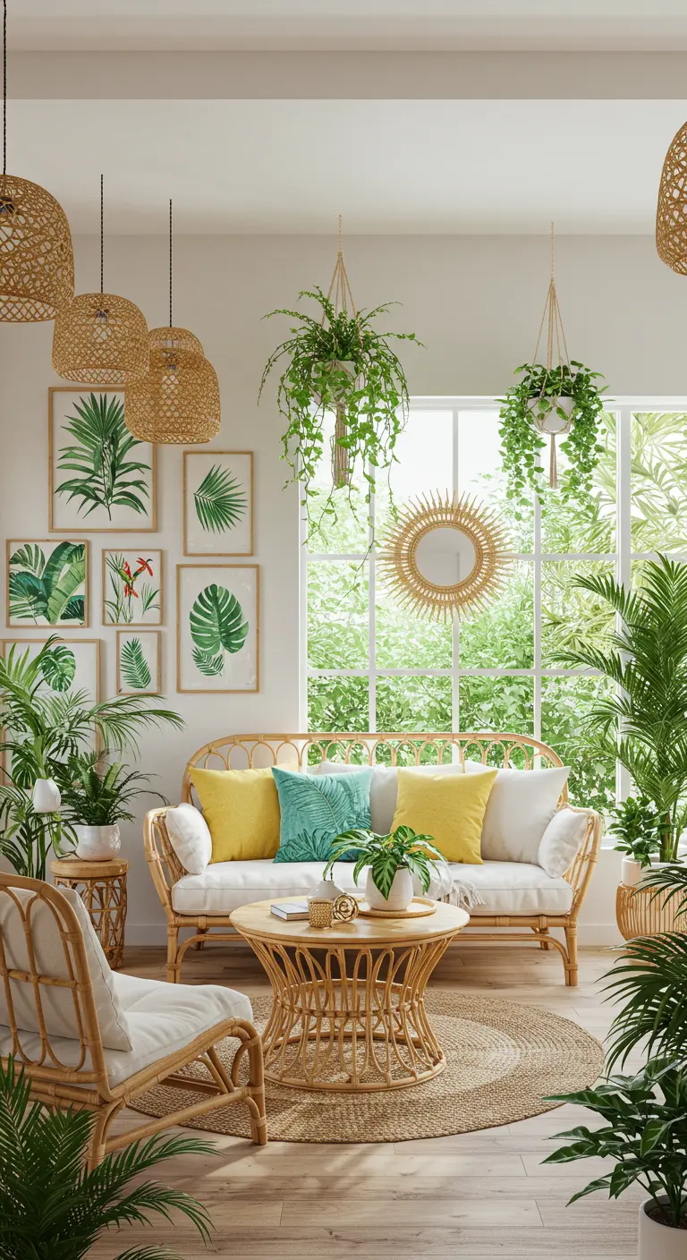 Salon tropical avec canapé en rotin, nombreuses plantes, cadres botaniques et miroir soleil, baigné de lumière naturelle.