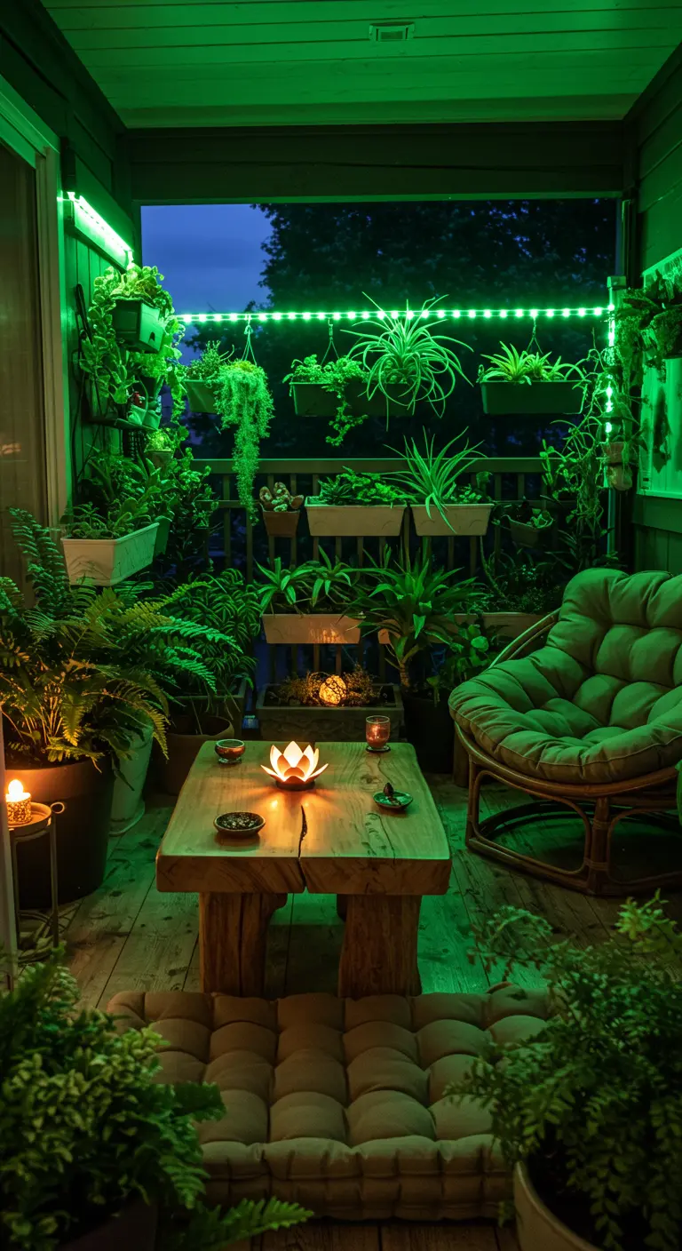 Balcon jungle urbaine, plantes suspendues, table bois, éclairage vert, chaise rotin.