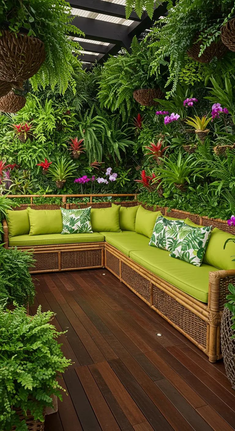 Terrasse jungle avec mur végétal, canapé en rotin et plantes tropicales.
