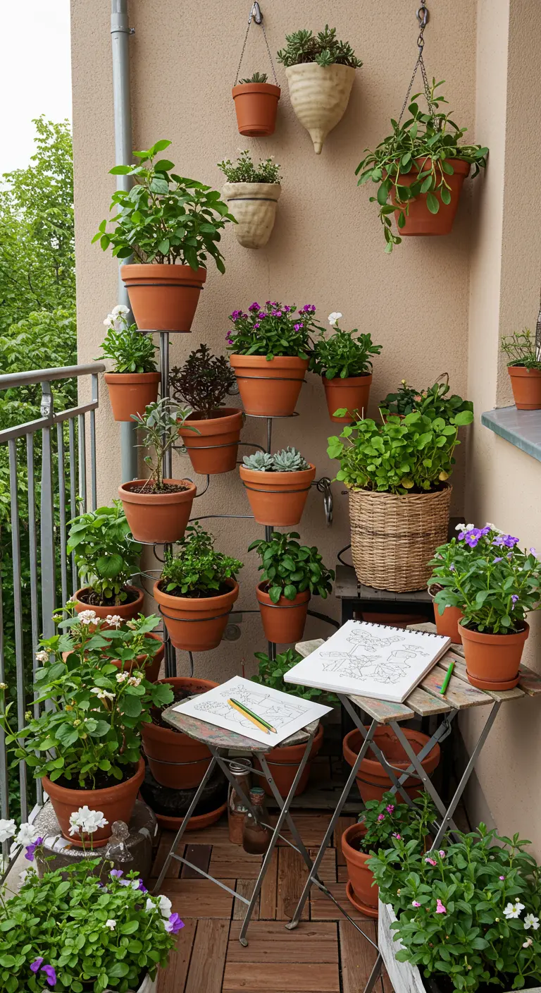 Balcon foisonnant de plantes dans des pots en terre cuite de toutes tailles, avec une table pliante.